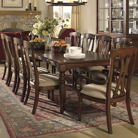 Eleven-Piece Rectangular Leg Dining Table with Two 18" Leaves & Pierced Back Arm & Side Chairs with Fabric-Upholstered Seats